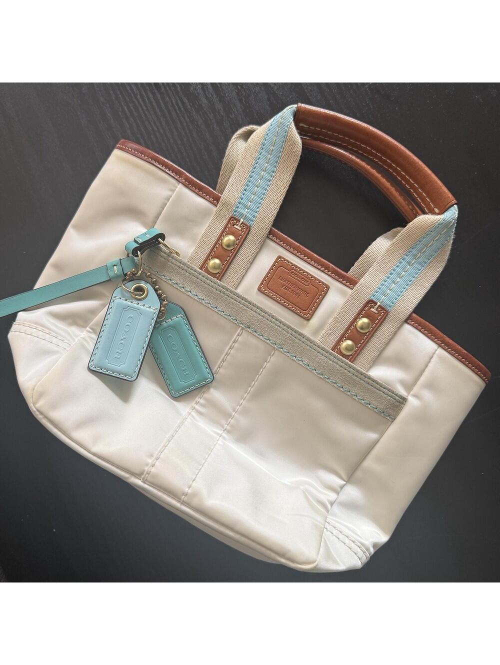 Vintage Coach Hamptons Satin Mini Tote – White with Turquoise/Aqua Accents Y2K